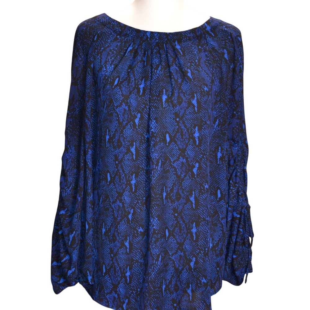Banana Republic Snakeskin Print Blouse Women XL Blue Black Ruched Sleeve Top
